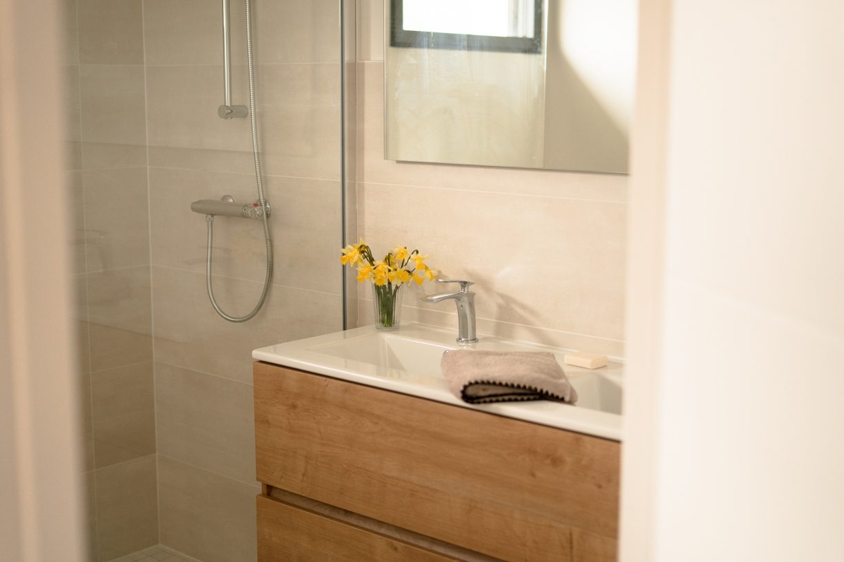 Vue de la double vasque et de la douche à l'italienne de la salle de bain du rez de chaussée